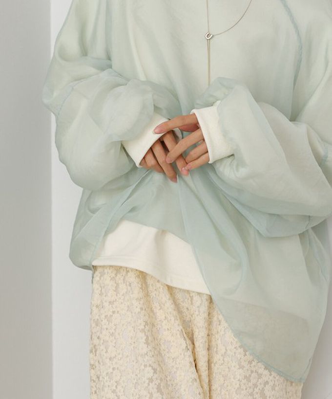 日本 Bab - 熱銷經典 薄紗層次裏毛長袖上衣-淺灰