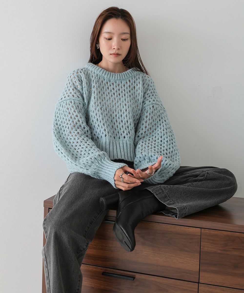 日本 Bab - 混羊毛設計感網格針織上衣-摩卡