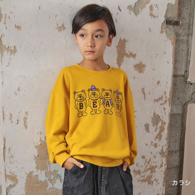 日本 BRANSHES - 百搭印花縮口長袖上衣-四隻熊熊-芥黃