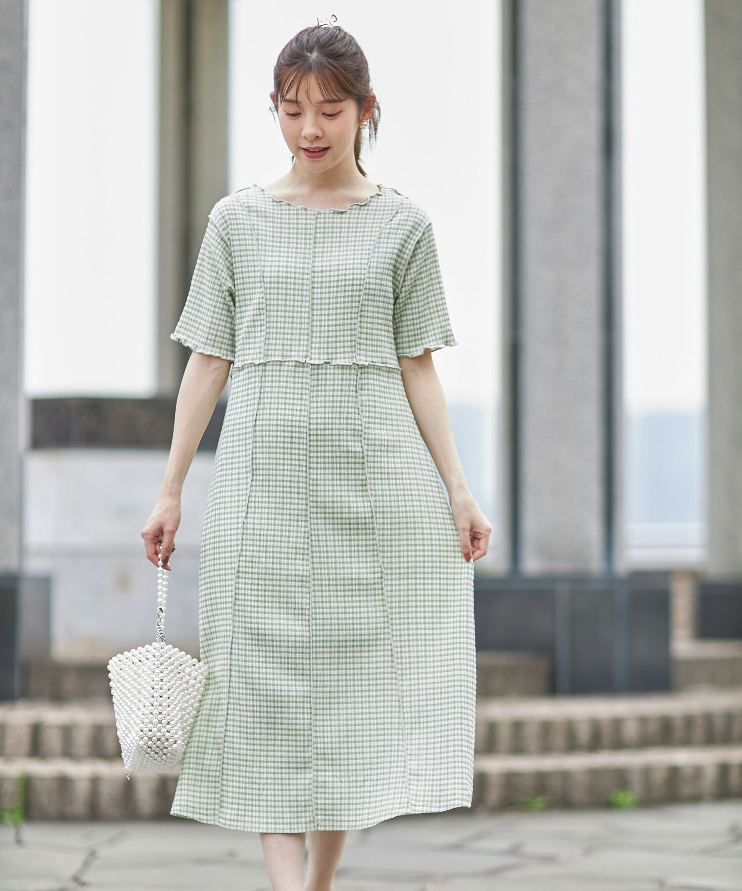 日本 tocco-closet - 修身線條五分袖洋裝-格紋-薄荷