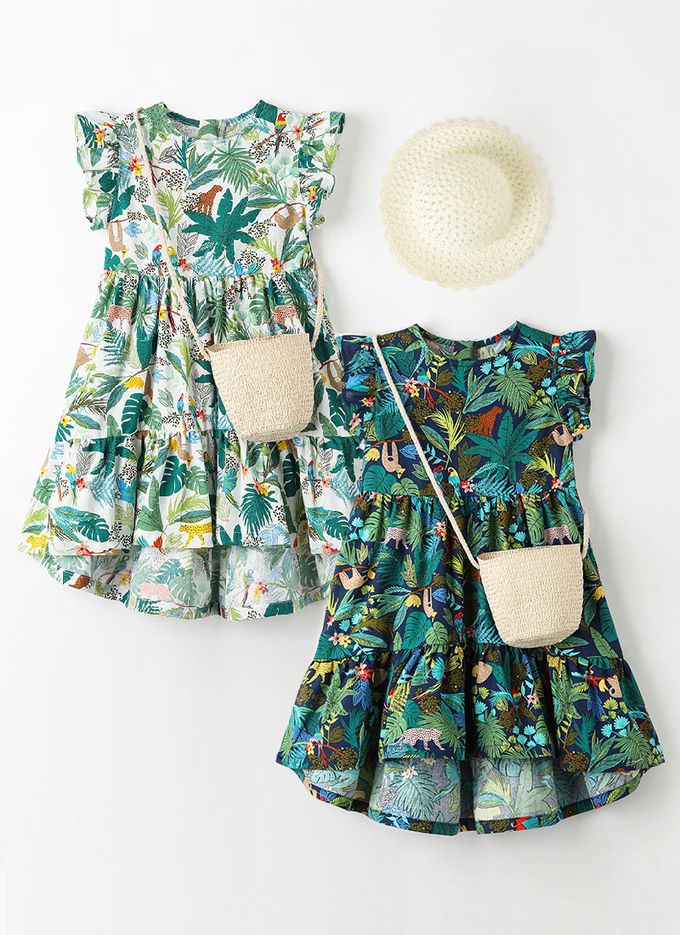 韓國 OZKIZ - (附包包帽子)熱帶棕櫚印飄逸荷葉袖洋裝-白X綠