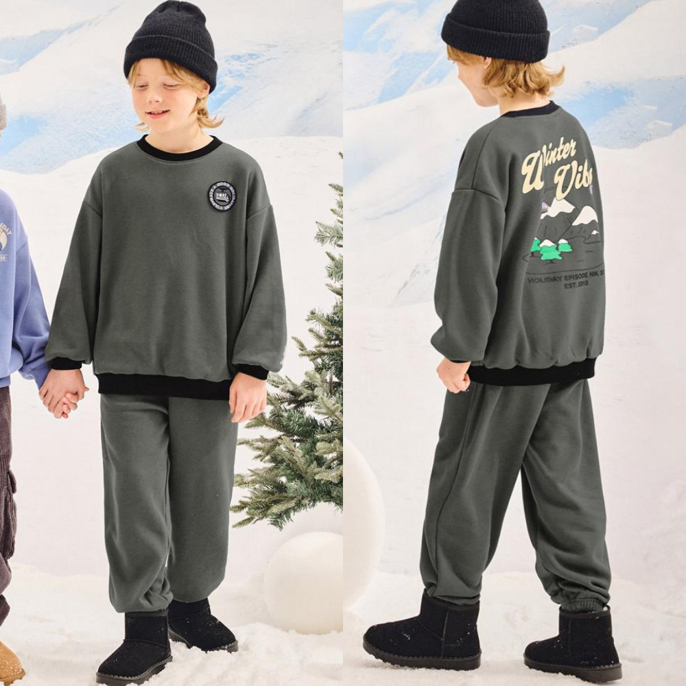 山岳圖案內刷毛長袖套裝-深灰