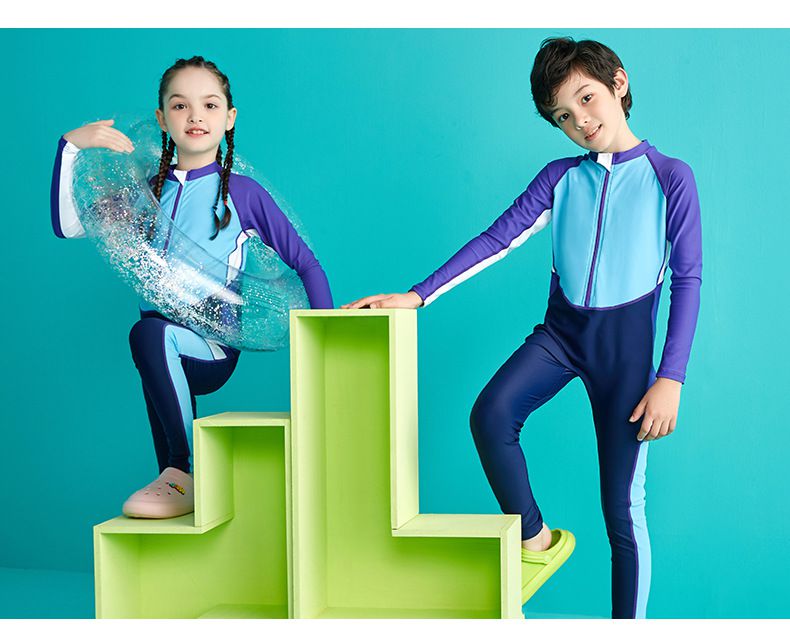 男寶運動風拼色連身長袖泳衣-深藍+淺藍+紫