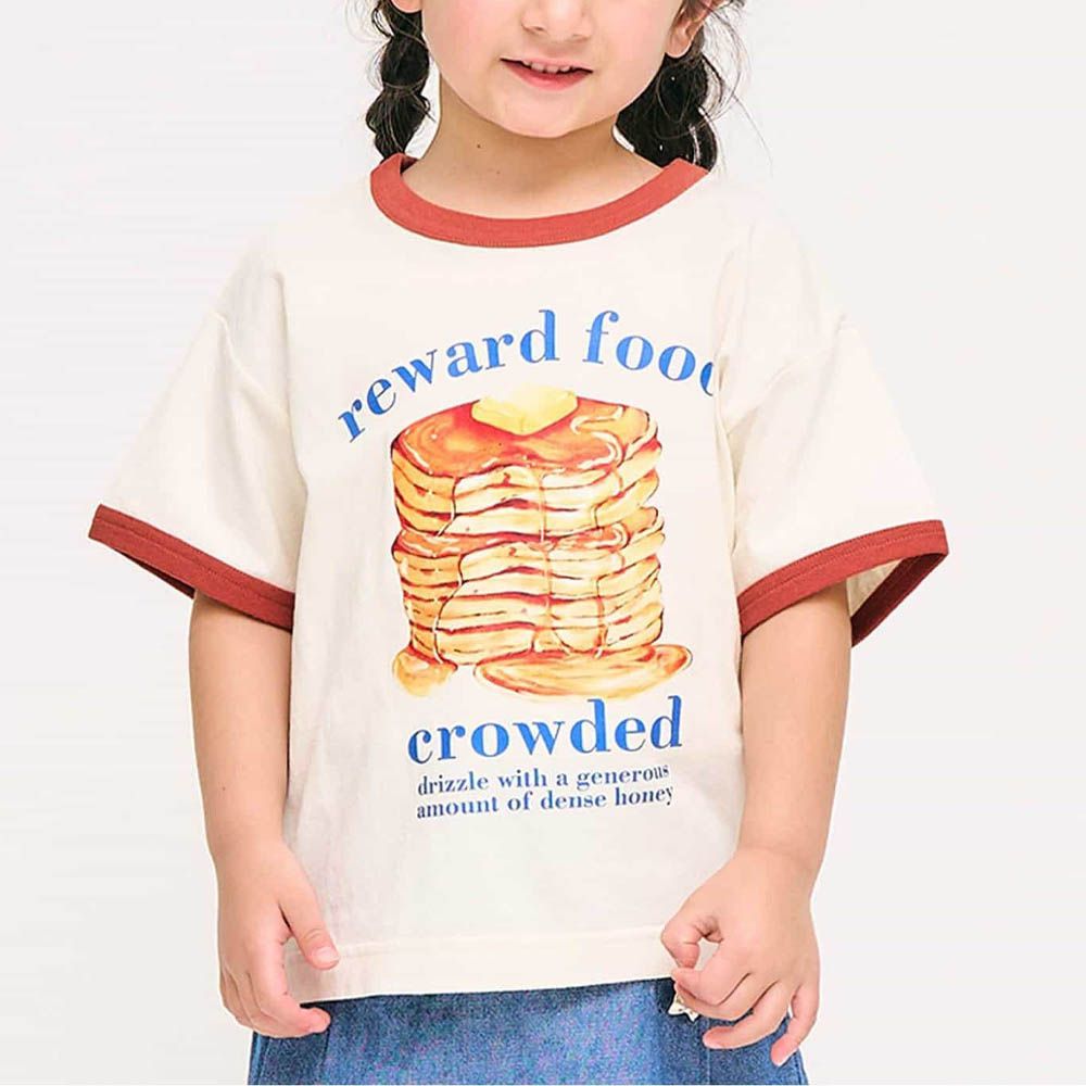 撞色領食物印花短袖上衣-蜂蜜鬆餅-米杏