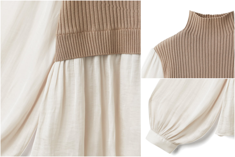 日本 GRL - 假兩件針織高領背心X飄逸風白襯衫-氣質杏