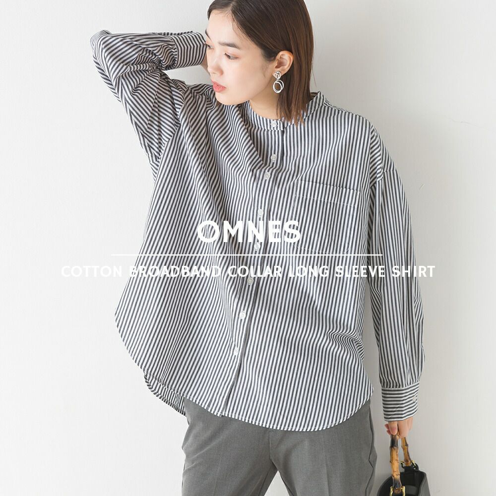 日本 OMNES - 100%棉 厚磅小立領長袖襯衫-條紋-藍白-1435