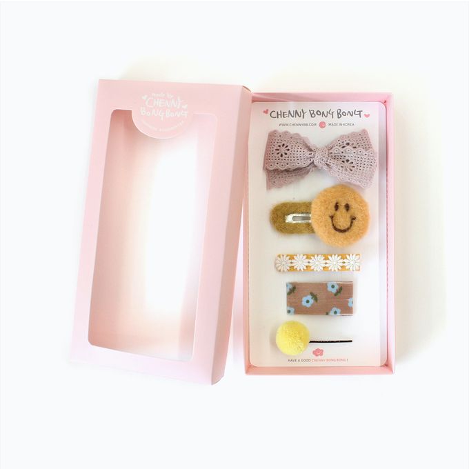 韓國 Chenny Bong Bong - 微笑臉蝴蝶結髮夾組合-黃-五入組