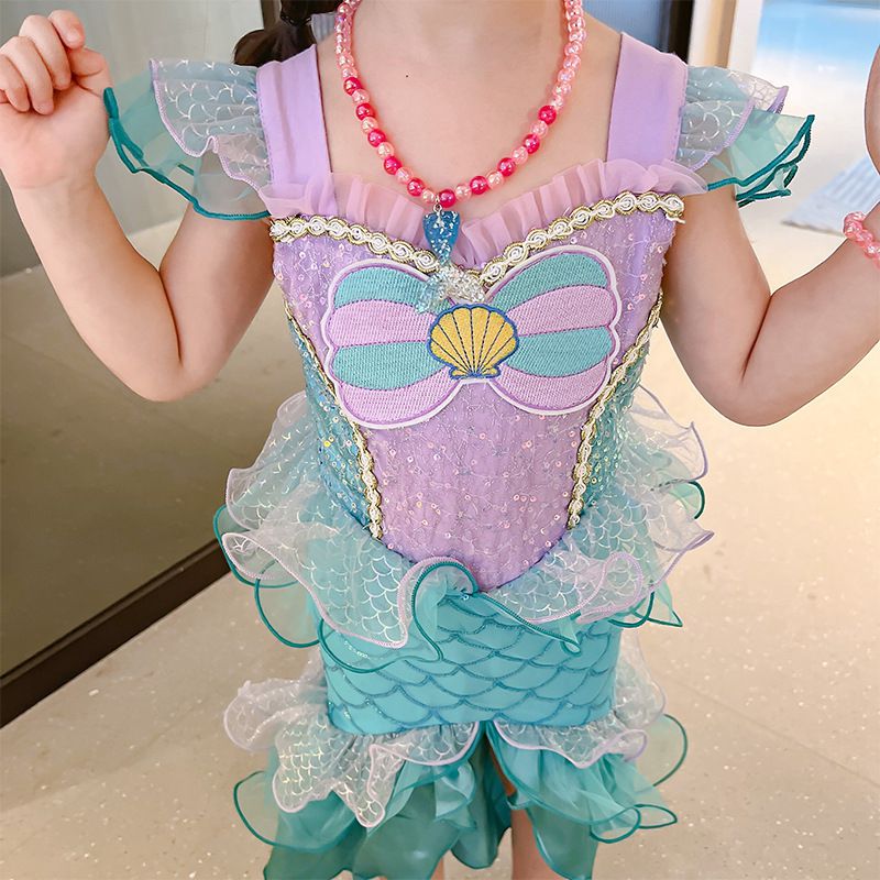 無袖造型萌萌連身公主裙-卡通人物-美人魚-藍綠+紫