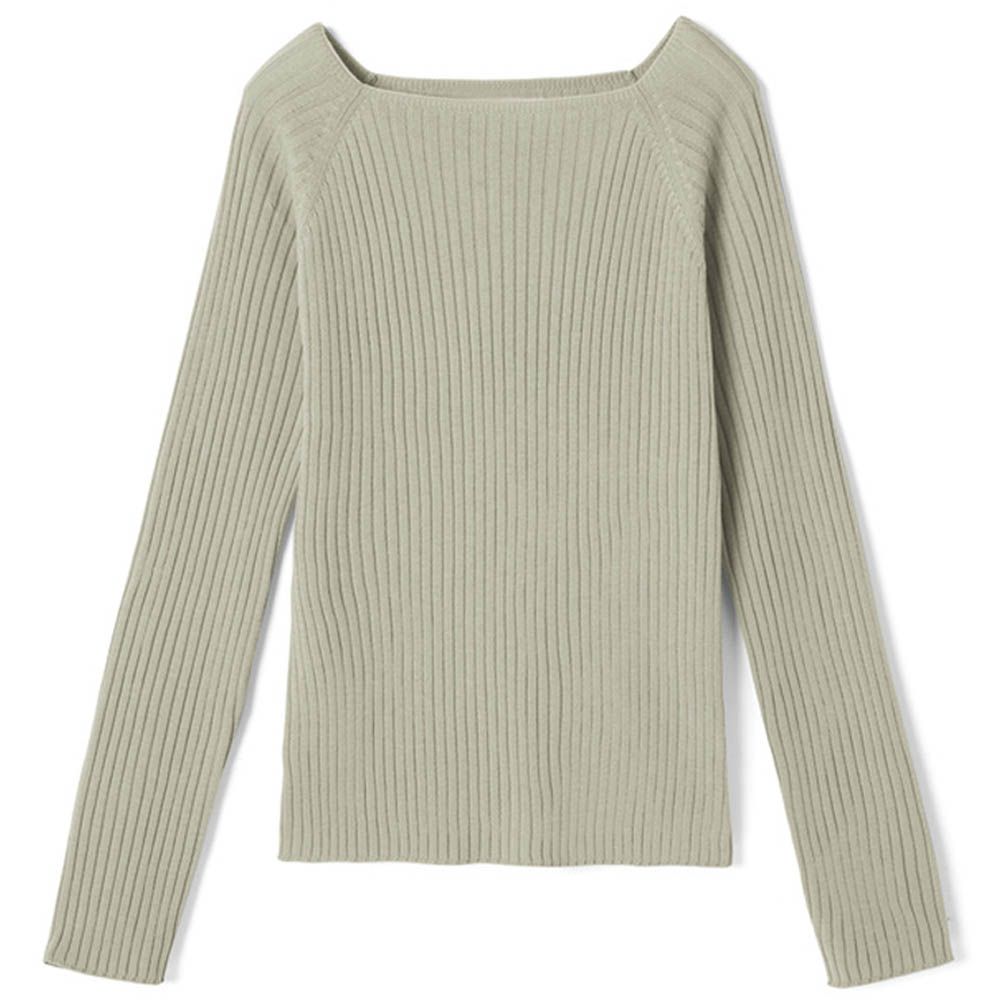 法式方領羅紋針織上衣-煙燻綠