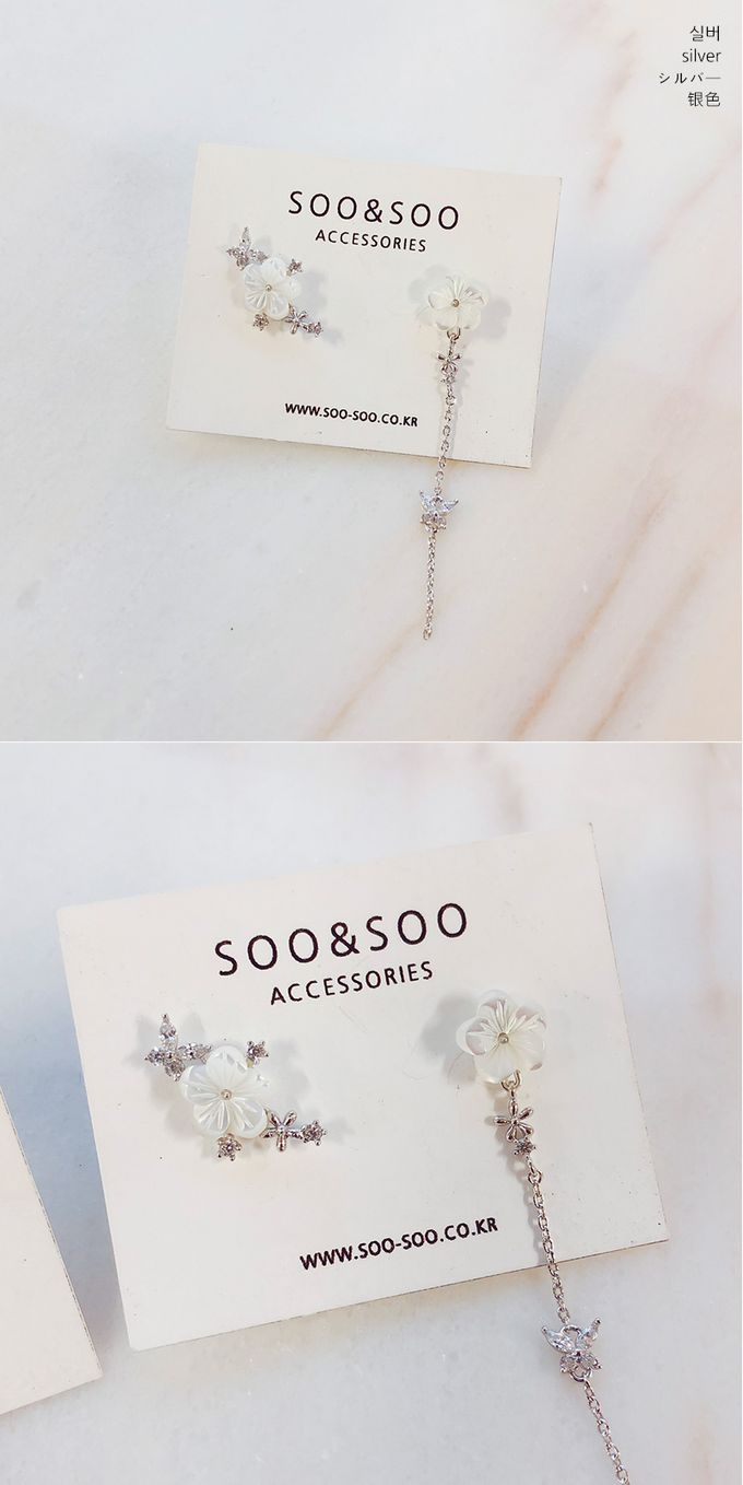 韓國 Soo&Soo - 絕美花鈿不對稱耳環-時尚銀 ((左)1.7cm，(右)5cm)