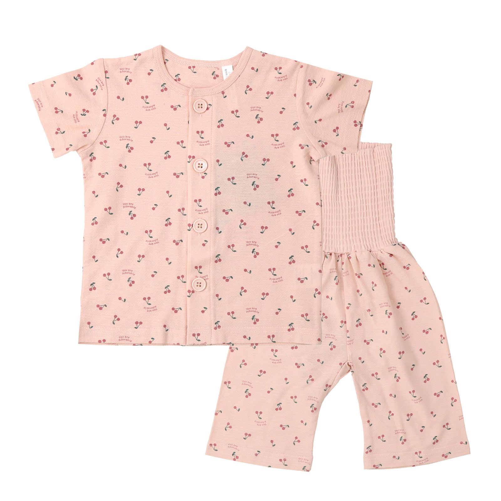 日本 ZOOLAND - 天竺棉鈕扣式腹卷短袖家居服/睡衣-櫻桃-奶油杏