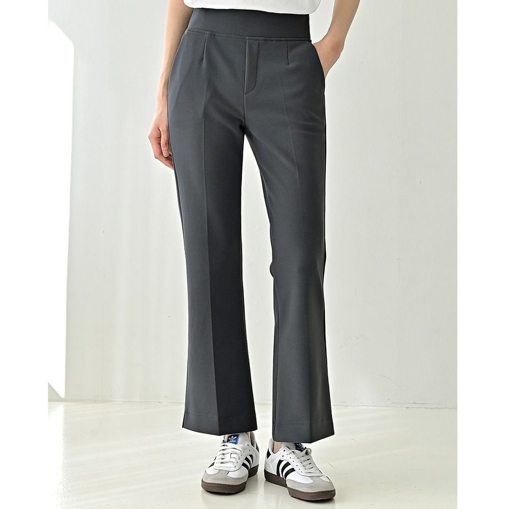 Domingoblue 彈性腰職感小開衩喇叭西裝褲-深灰