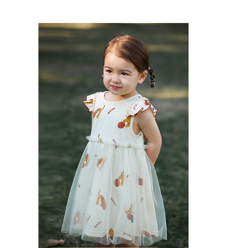 網紗公主袖連身洋裝-豹紋貓貓-白色