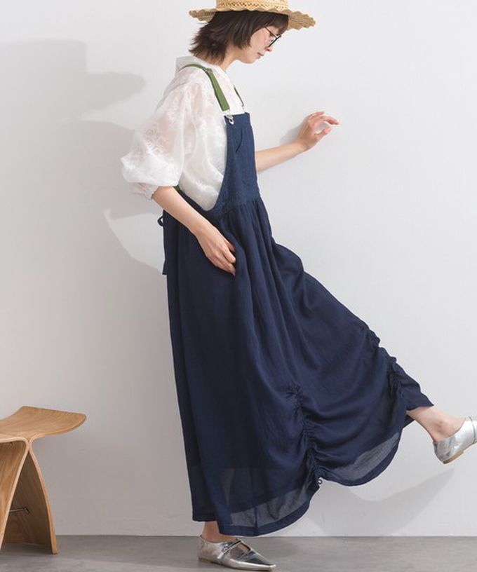 日本 Lupilien - 拼接風抽繩飄逸薄牛仔吊帶洋裝-靛藍