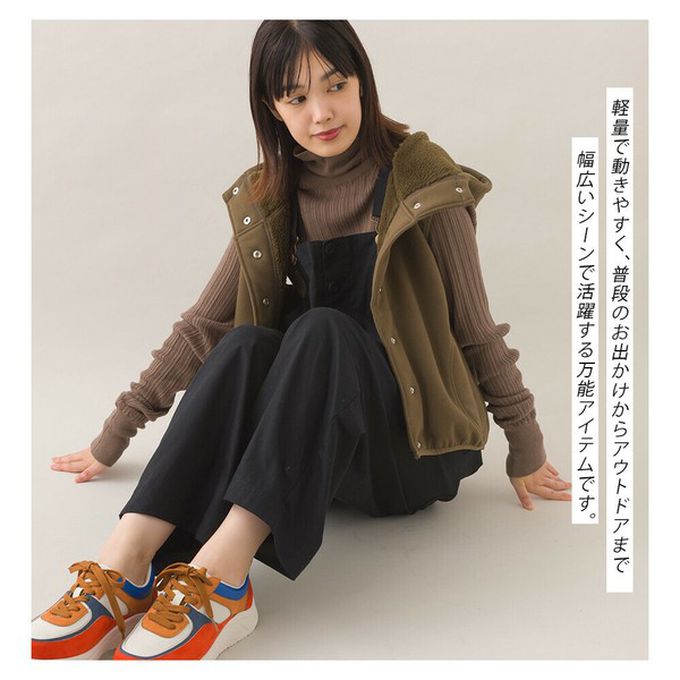 日本 OMNES - 裏起毛保暖短版運動風連帽背心-咖啡