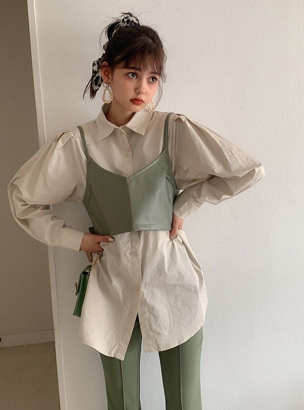 日本 GRL - 蝴蝶結綁帶皮革細肩背心X長袖襯衫-卡其X杏