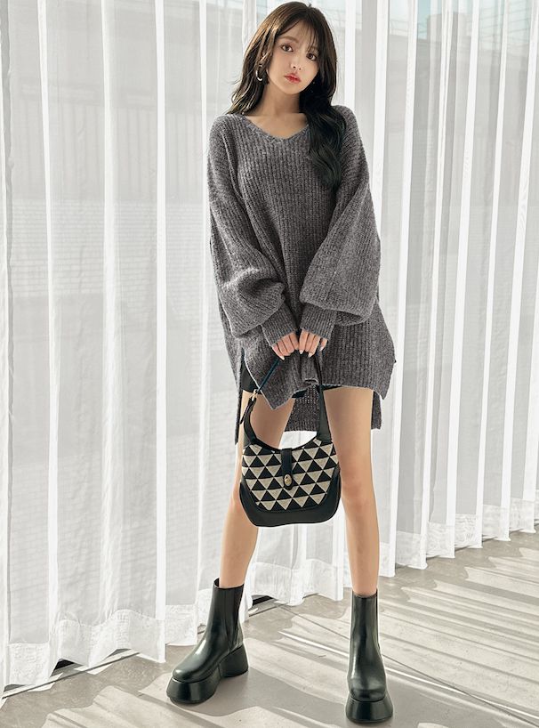 日本 GRL - 慵懶感綁帶長版針織上衣-蘋果綠 (F)