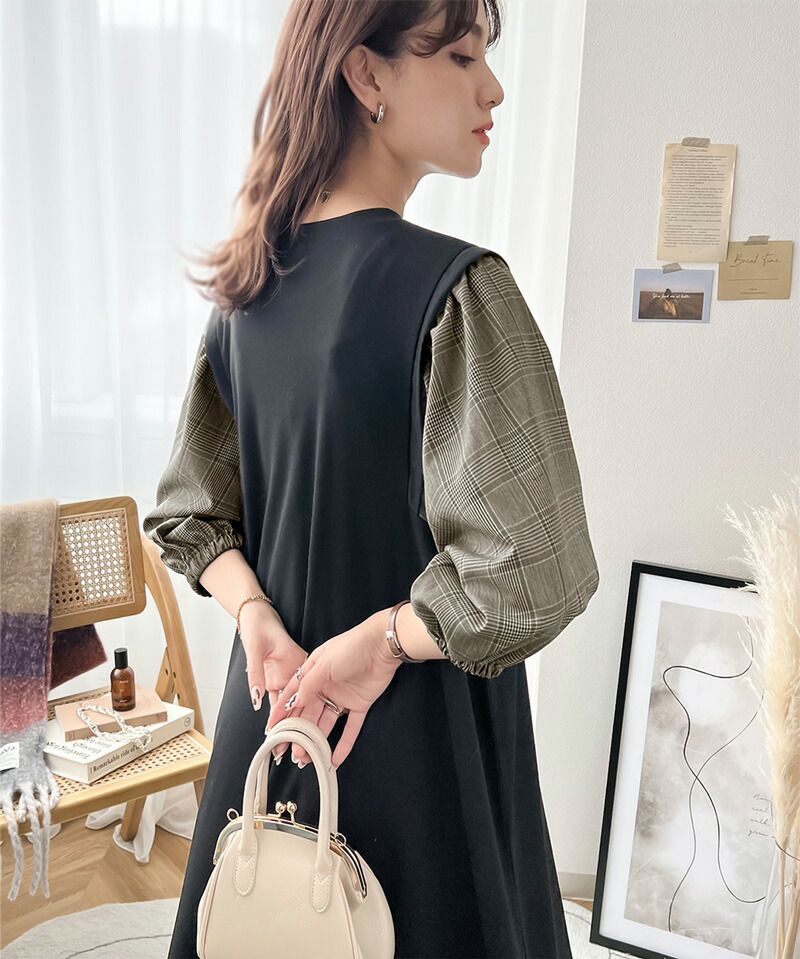 日本 Classical Elf - 優雅泡泡拼接袖修身洋裝-黑x黑