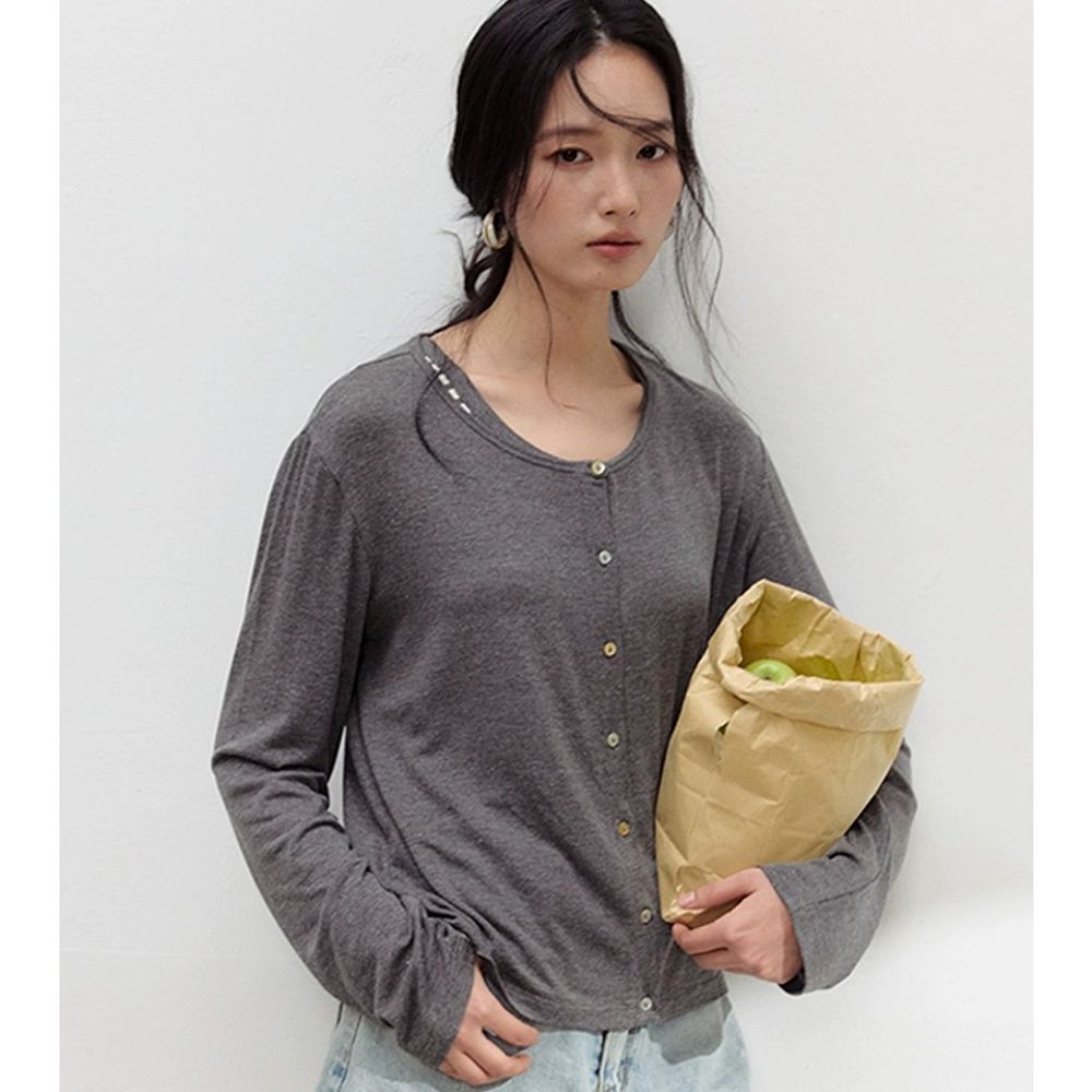 雲感天絲混亞麻U領貝殼釦薄長袖外套-深灰