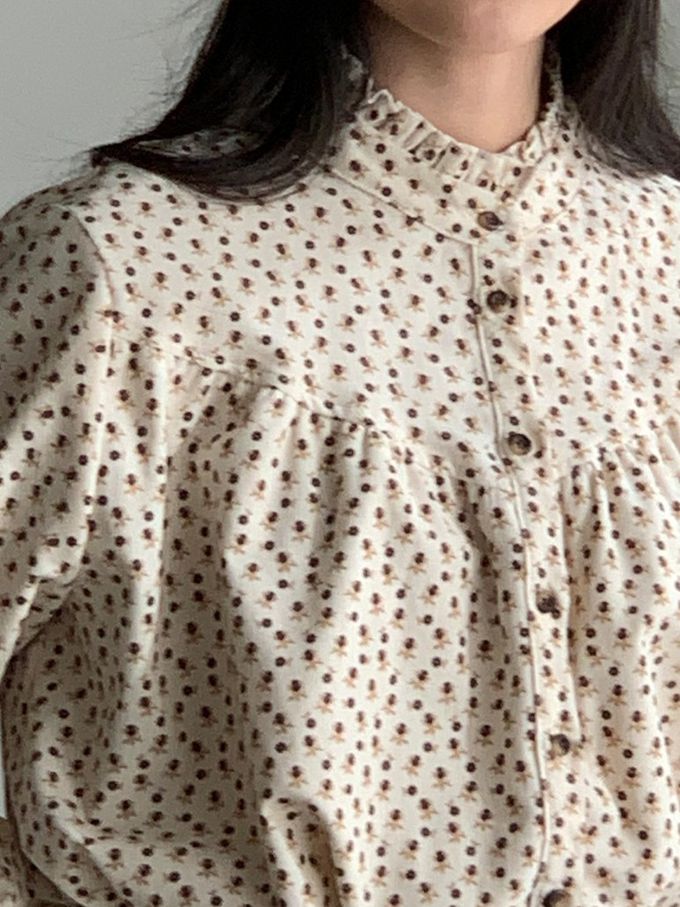 韓國女裝連線 - 滿版小花朵燈芯絨長袖襯衫-米 (FREE)