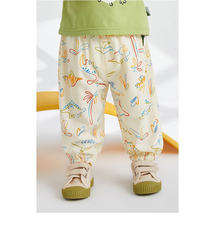 天絲棉腰鬆緊休閒防蚊褲/長褲-怒吼小恐龍-綠色