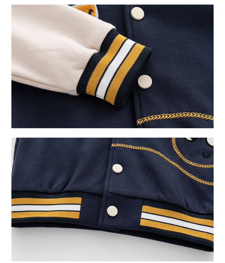 童趣拼色棒球外套-偷看恐龍-藍+杏