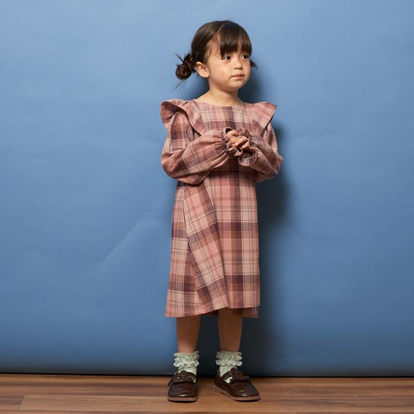 日本 Lycee mine - 法蘭絨浪漫細節長袖洋裝-卡其格紋