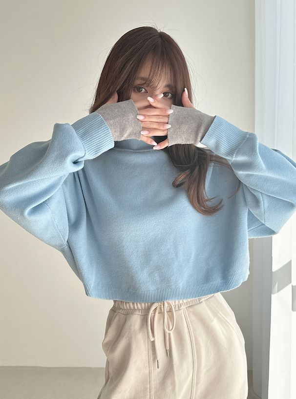 日本 GRL - 假兩件針織短版長袖上衣(附指穴)-寶貝藍x淺灰 (F)