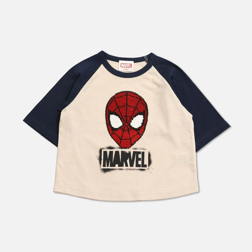 聯名款  100%棉印花短袖上衣-超級英雄蜘蛛人(變色亮片)-杏x深藍