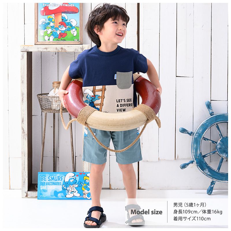 日本 ZOOLAND - 藍色小精靈聯名純棉短T-A爬梯子-綠