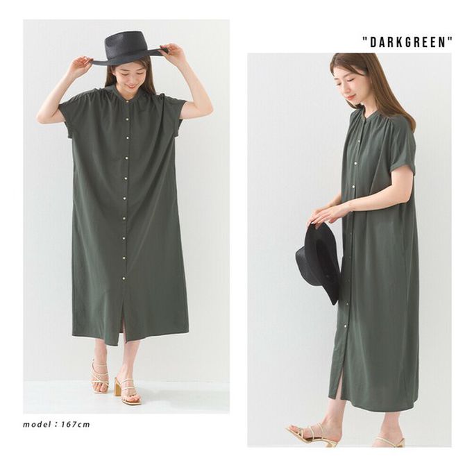 日本 OMNES - 接觸涼感 氣質金釦襯衫式短袖洋裝-黑