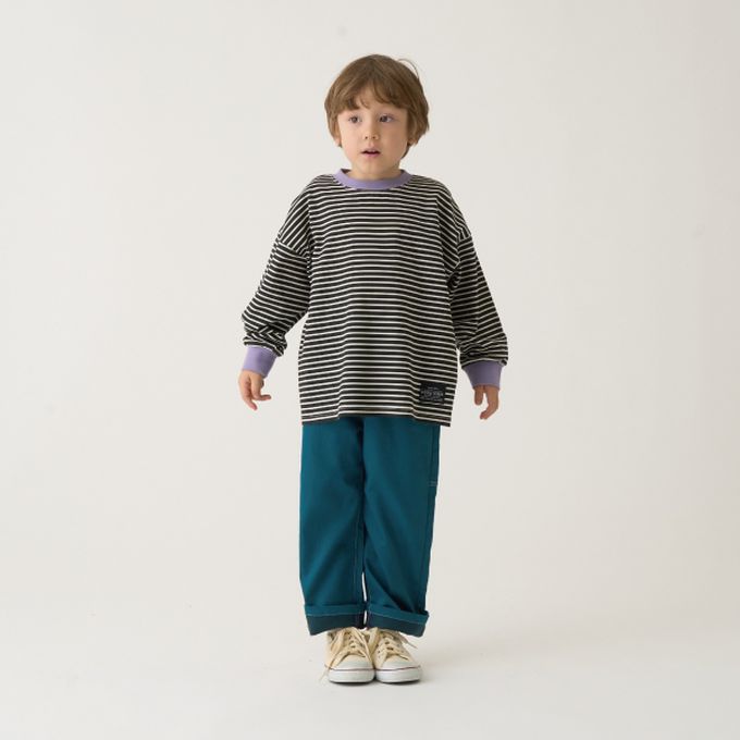 日本 b-ROOM - 不易變形定番條紋長袖上衣-卡其x深藍