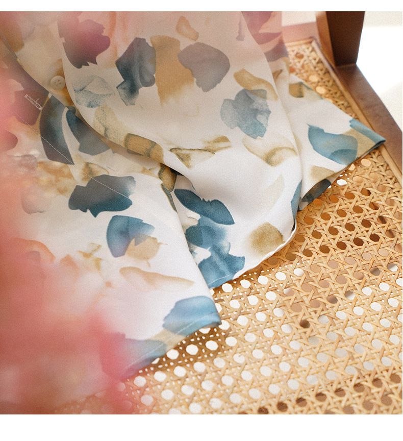 法式水墨印花長袖襯衫-藍色