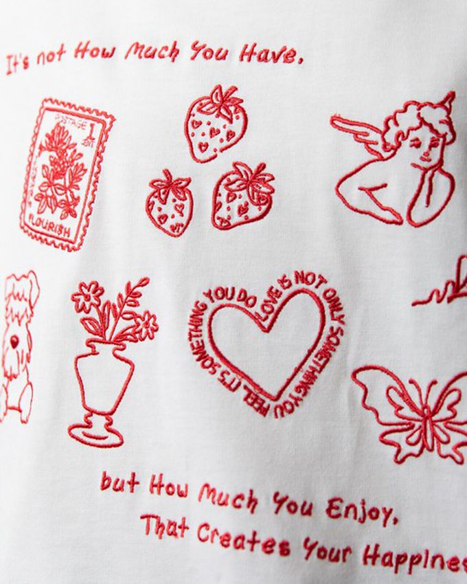 日本 gleam - 甜蜜刺繡印花休閒寬版長袖T恤-白