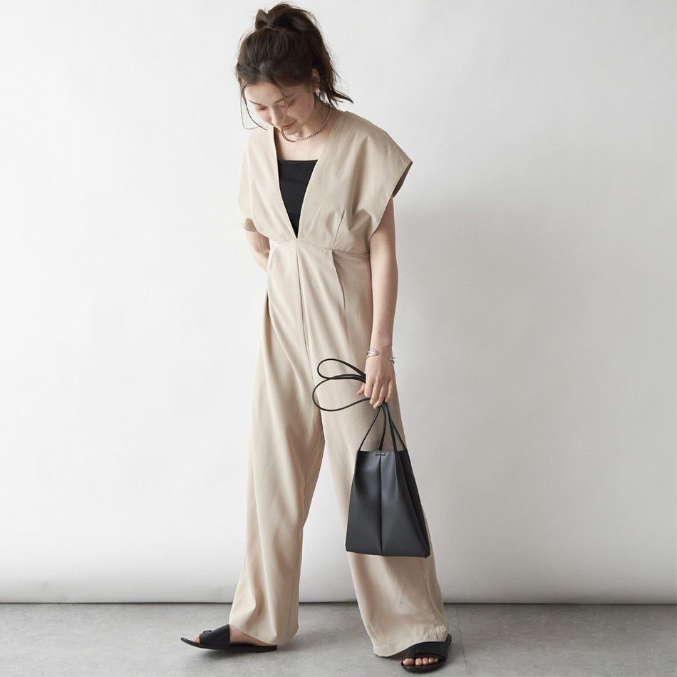 日本 Rejoule - 時尚落肩收腰吊帶褲-優雅黑