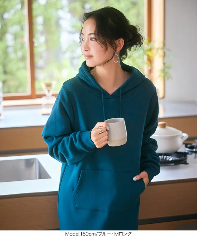 日本 Kobe Lettuce - 極上溫暖 裏起毛修身帽T長袖洋裝-藍綠