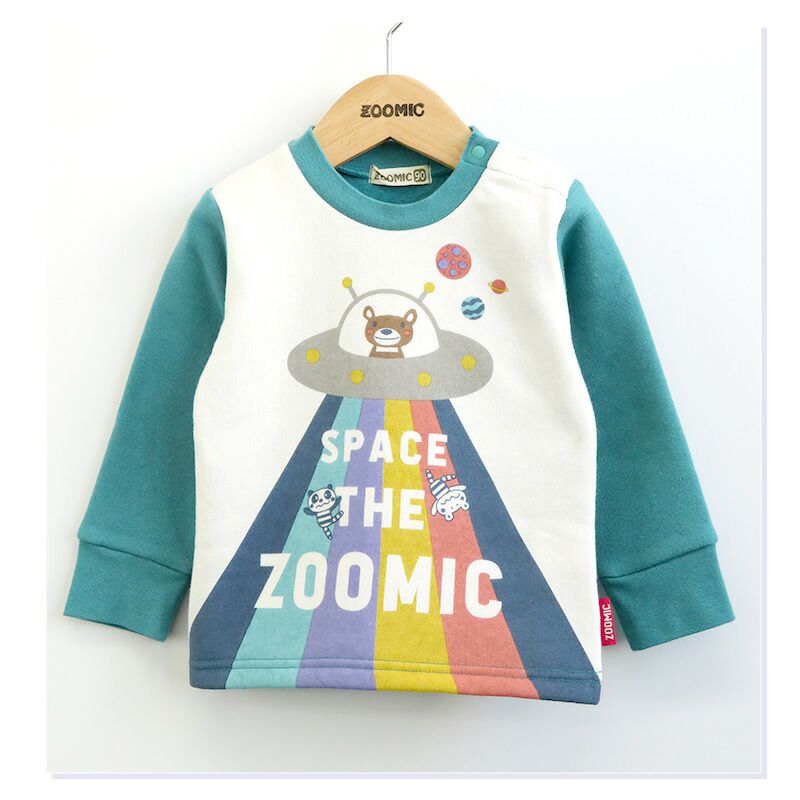 日本 ZOOLAND - 裏起毛印花長袖上衣-小熊外星人-綠