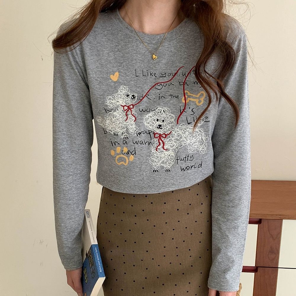 手繪捲毛狗狗插畫長袖上衣-灰 (F)