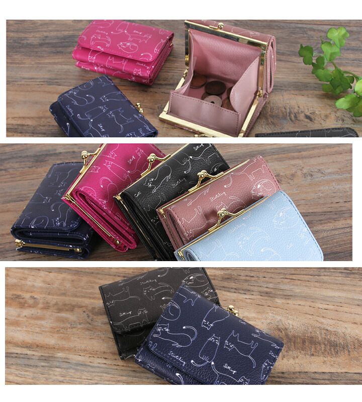 日本 LIZDAYS - 皮質迷你口金三折短夾/錢包-貓咪-時尚黑 (10x8x3.5cm)