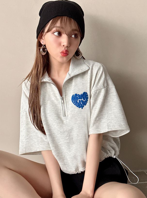 日本 GRL - 英文立體印花翻領短T-燕麥灰 (F)