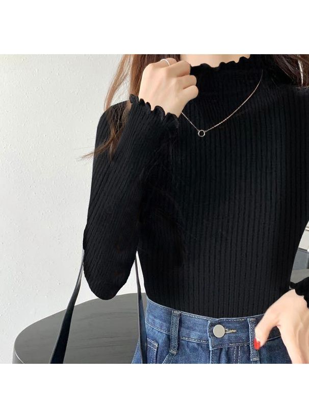 日本 GRL - 百搭木耳領羅紋長袖上衣-白