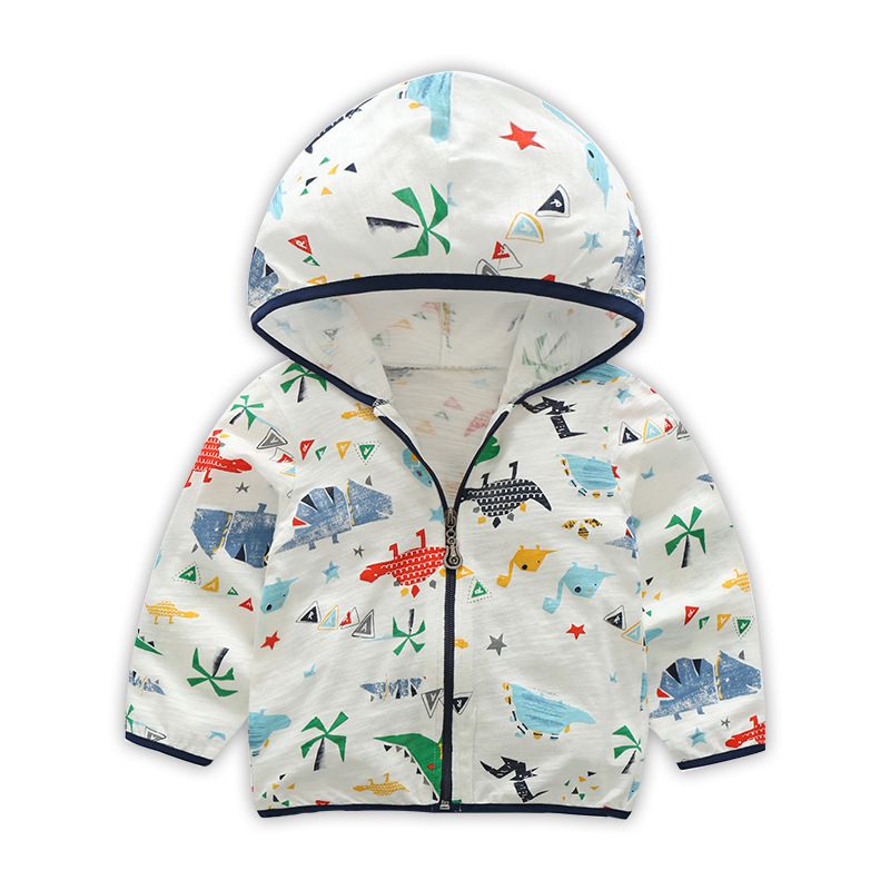 純棉連帽防曬外套/空調外套-恐龍的幾何世界-白色