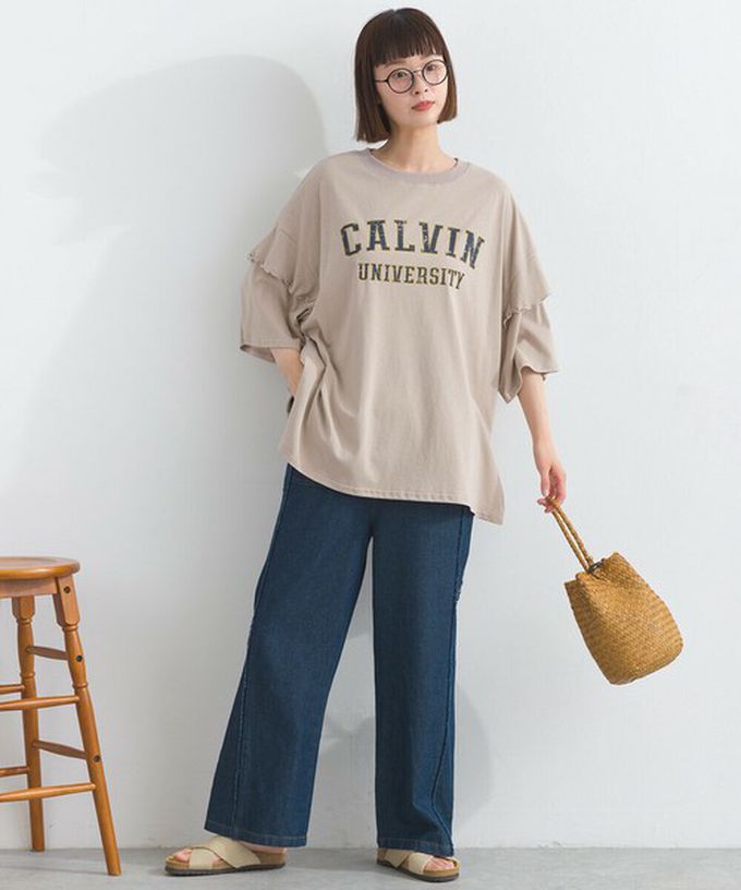 日本 Lupilien - 接觸冷感 學院風印花荷葉寬袖上衣-橘