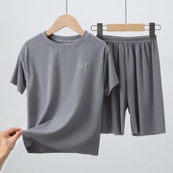 親子冰絲短袖家居服套裝/空調服-笑臉-灰色