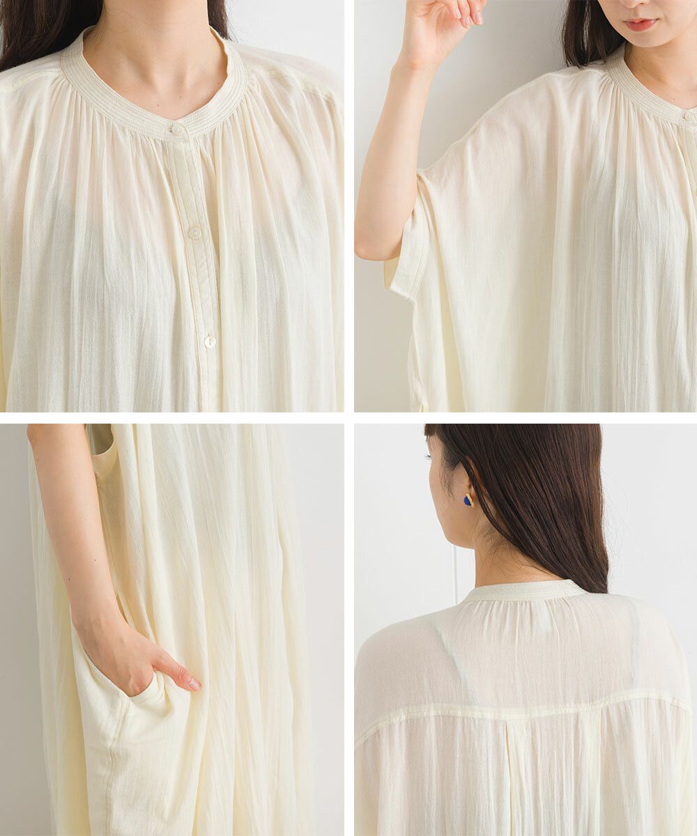 日本女裝代購 - 100%印度棉 文藝感排扣五分袖洋裝-米白