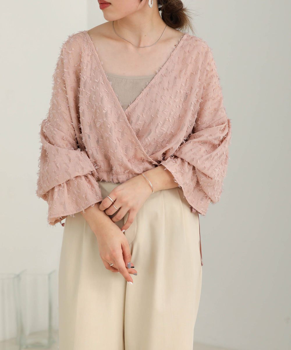 日本 Bab - 2WAY透感抽鬚糖果袖上衣-淺粉