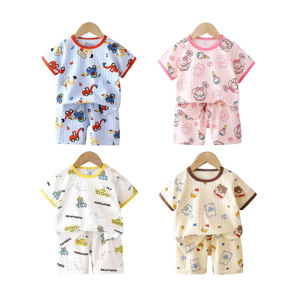 薄款純棉短袖套裝 兒童短袖睡衣 短褲童裝組-粉底櫻桃