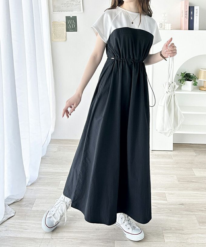 日本 Classical Elf - 法式袖拼接縮腰抽繩洋裝-卡其x淺灰