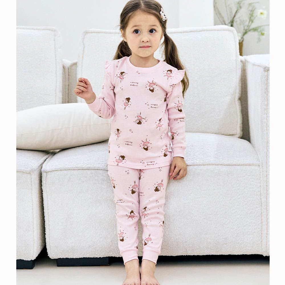 親膚舒絨棉彈性長袖家居服-星星芭蕾女孩-淡粉