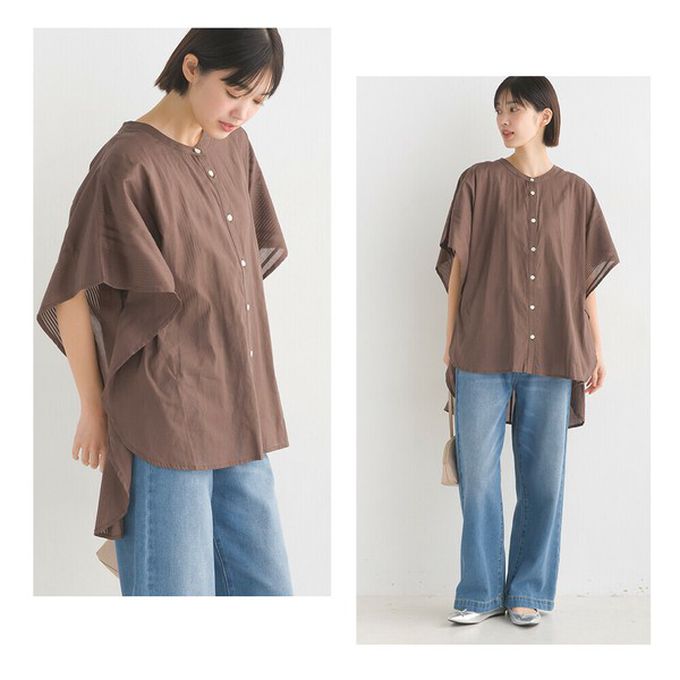 日本 OMNES - 100%印度棉 大寬袖清爽襯衫-咖啡